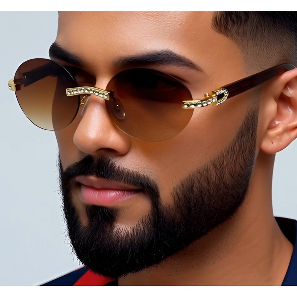 Rimless Sunglasses Oval Lens Wood Grain Frame Rhinestone Accents Men Gafas 2026
